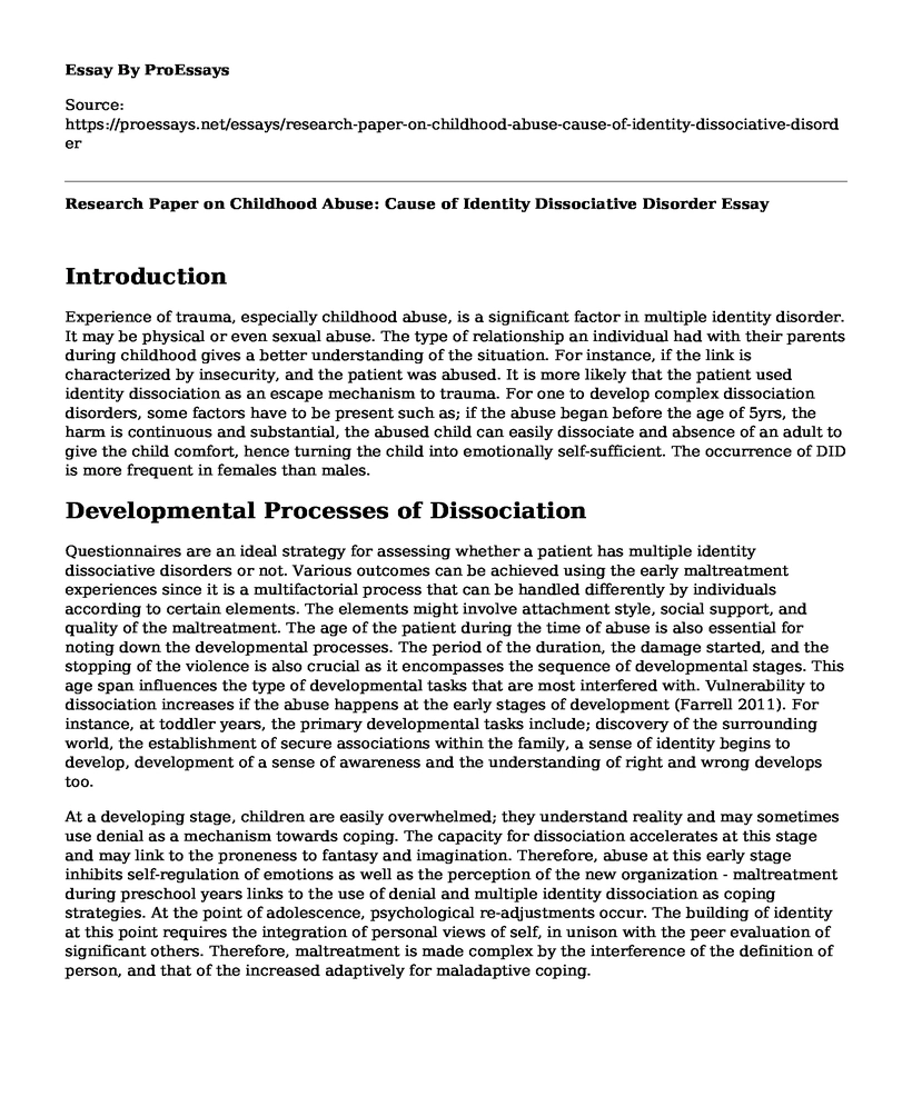 Research Paper on Childhood Abuse: Cause of Identity Dissociative Disorder