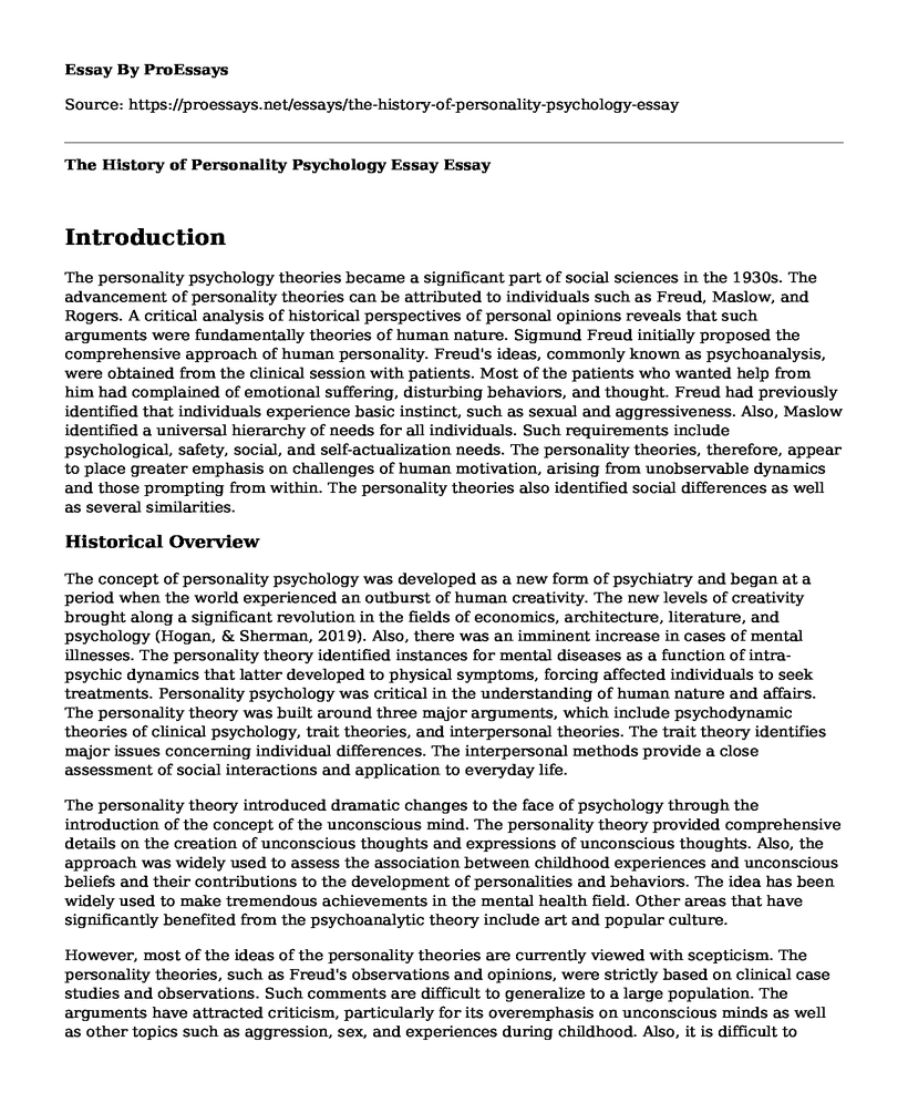 The History of Personality Psychology Essay