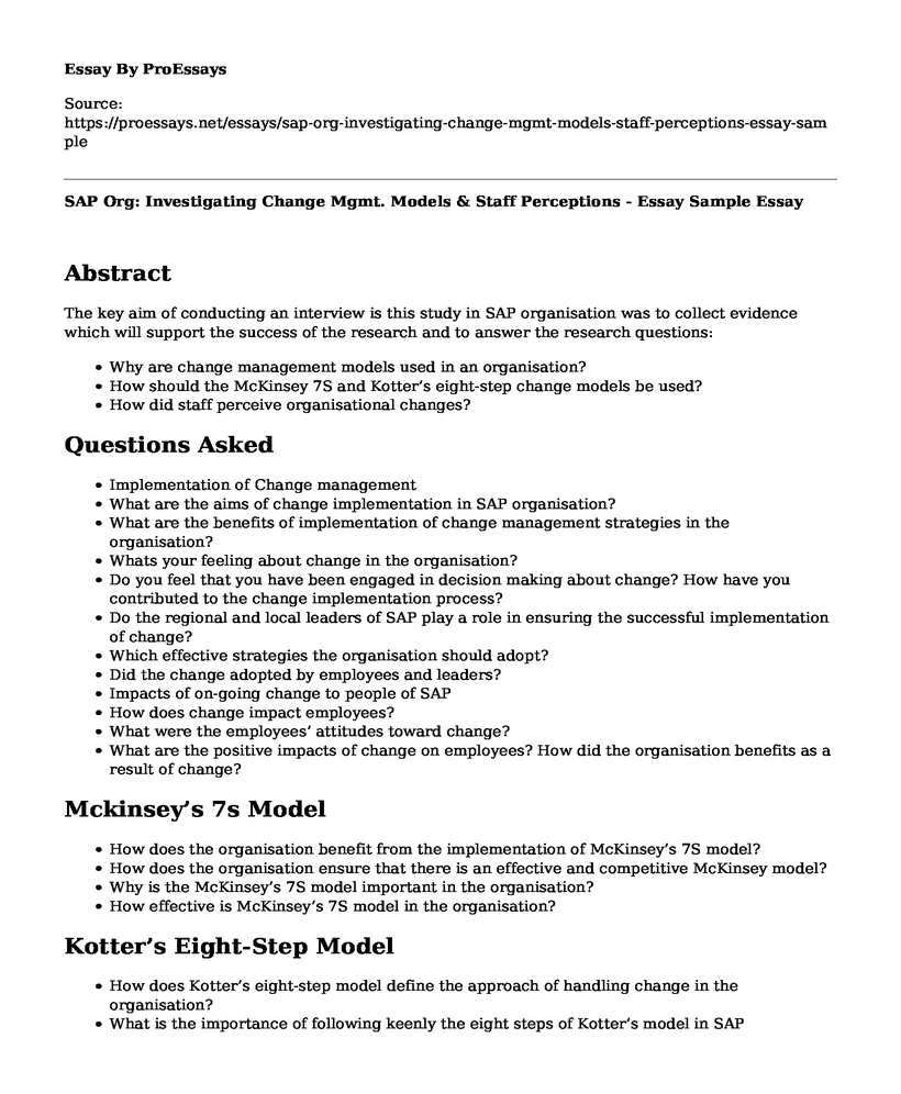 SAP Org: Investigating Change Mgmt. Models & Staff Perceptions - Essay Sample