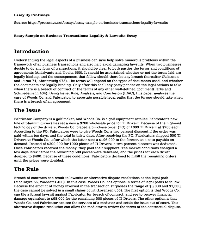 Essay Sample on Business Transactions: Legality & Lawsuits