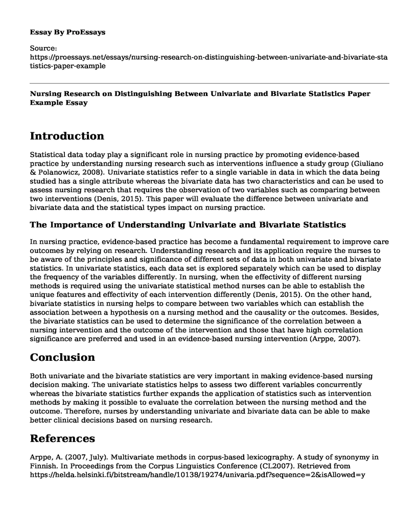 Nursing Research on Distinguishing Between Univariate and Bivariate Statistics Paper Example