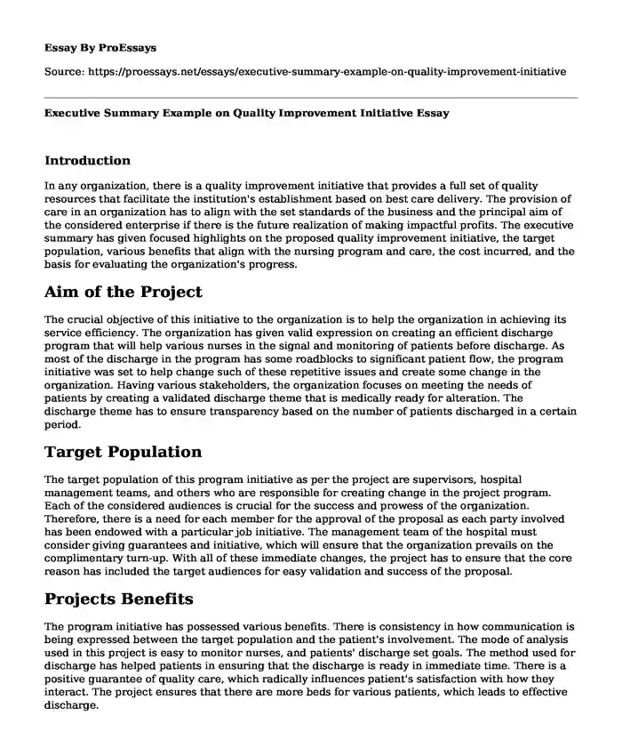 Executive Summary Example on Quality Improvement Initiative