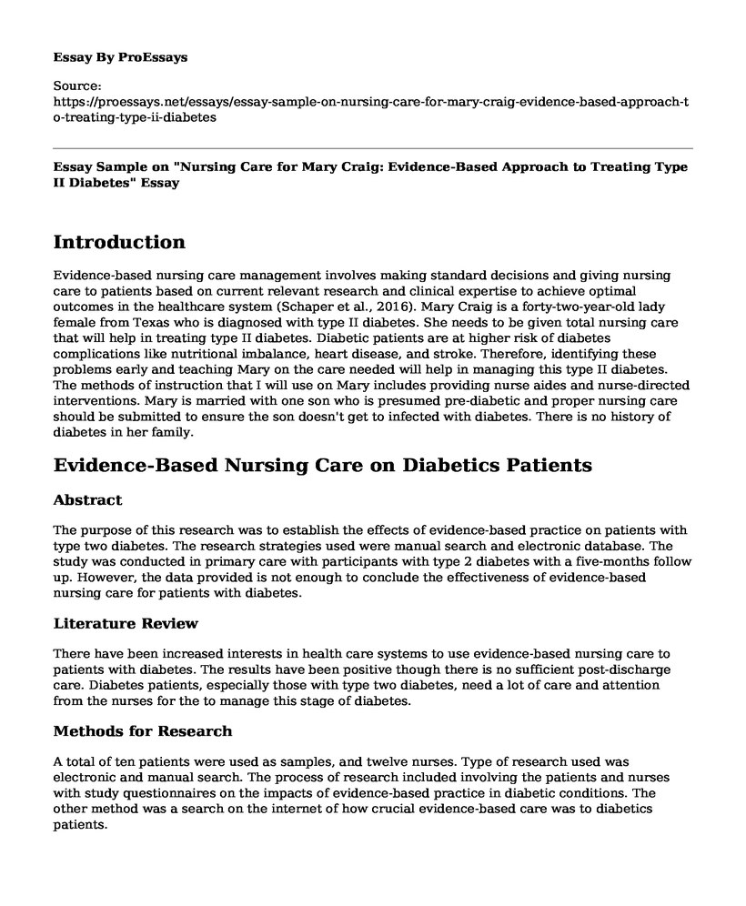 Essay Sample on "Nursing Care for Mary Craig: Evidence-Based Approach to Treating Type II Diabetes"