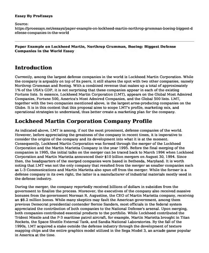 Paper Example on Lockheed Martin, Northrop Grumman, Boeing: Biggest Defense Companies in the World