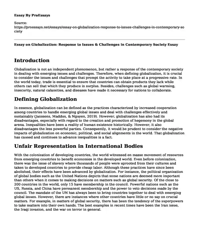 Essay on Globalization: Response to Issues & Challenges in Contemporary Society
