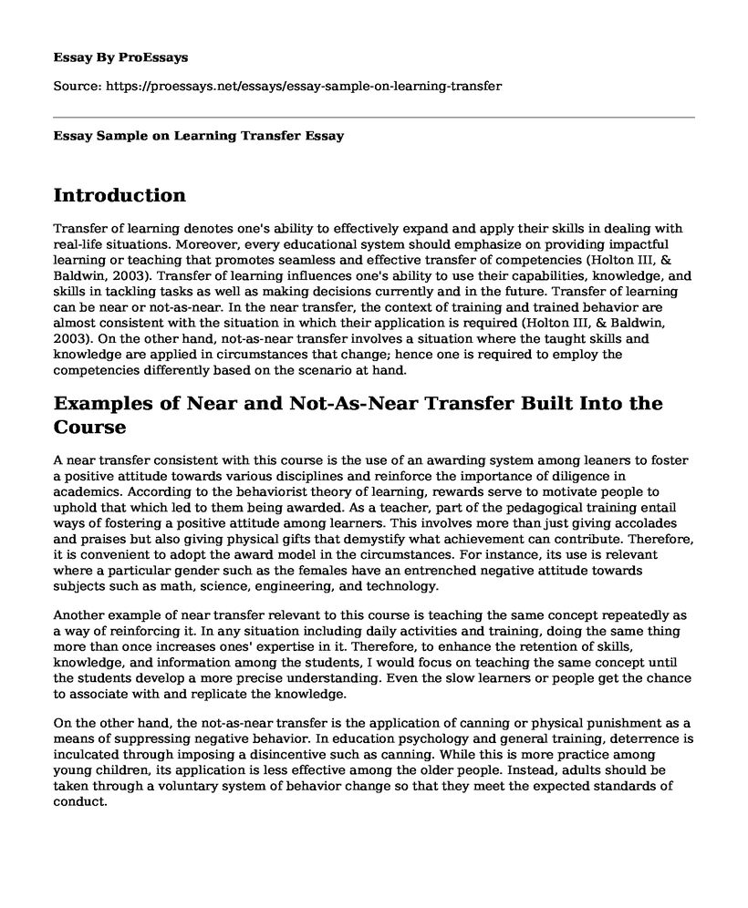 Essay Sample on Learning Transfer