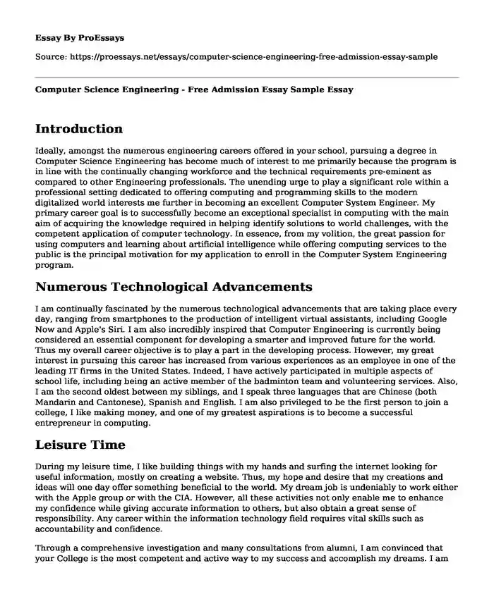 Computer Science Engineering - Free Admission Essay Sample