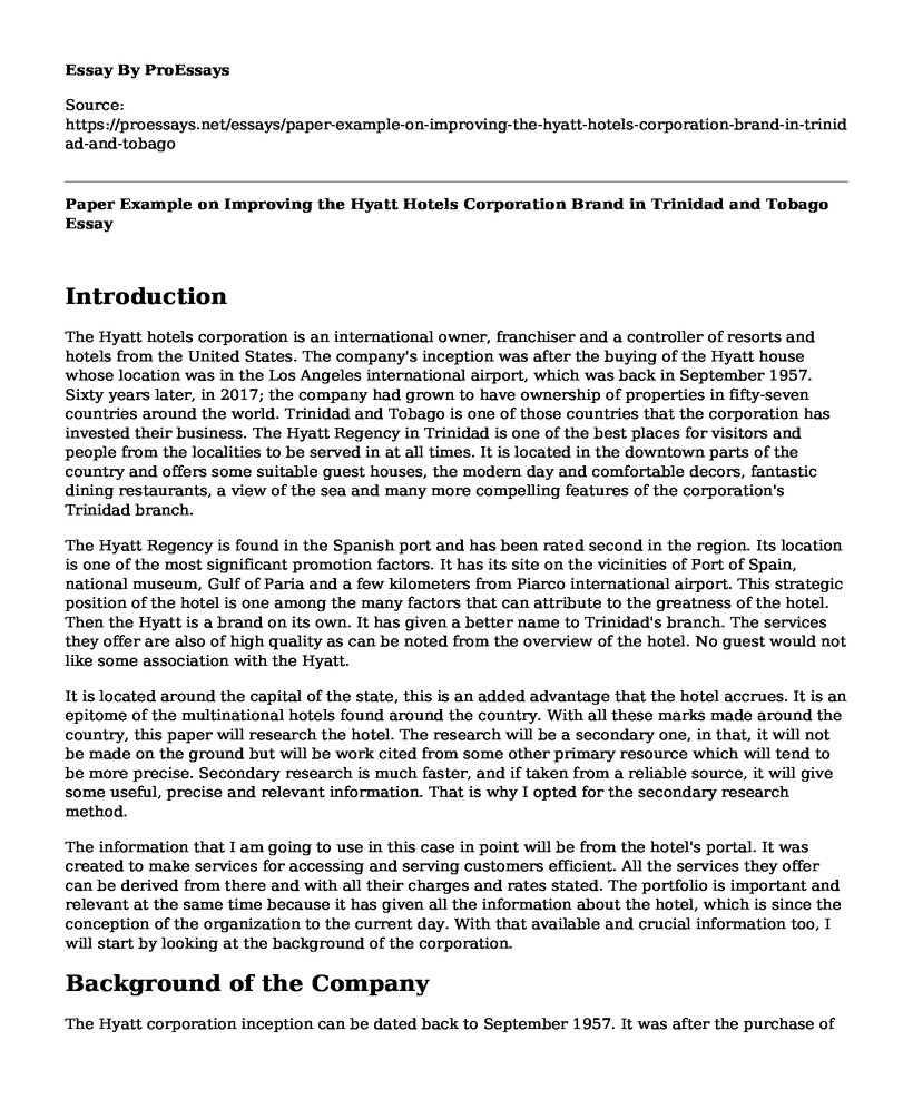 Paper Example on Improving the Hyatt Hotels Corporation Brand in Trinidad and Tobago