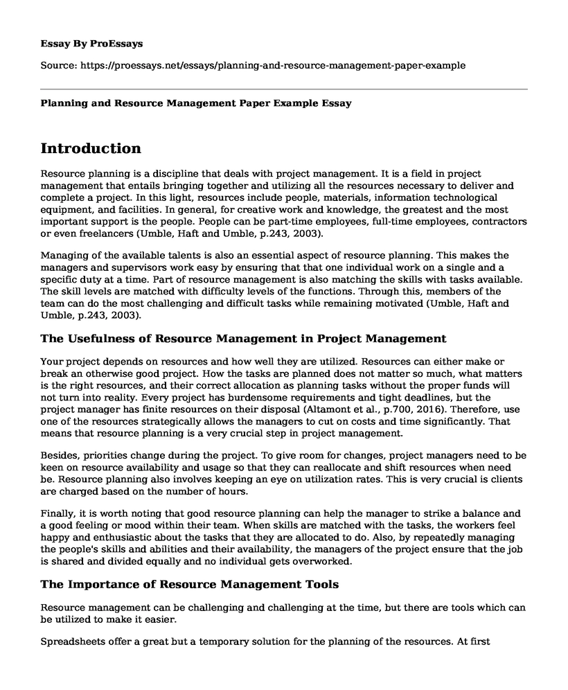 Planning and Resource Management Paper Example
