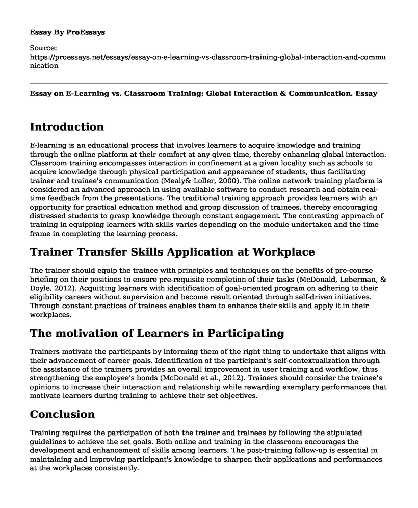 Essay on E-Learning vs. Classroom Training: Global Interaction & Communication.