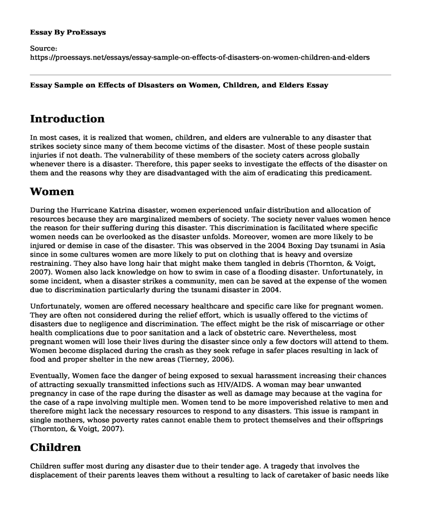 Essay Sample on Effects of Disasters on Women, Children, and Elders
