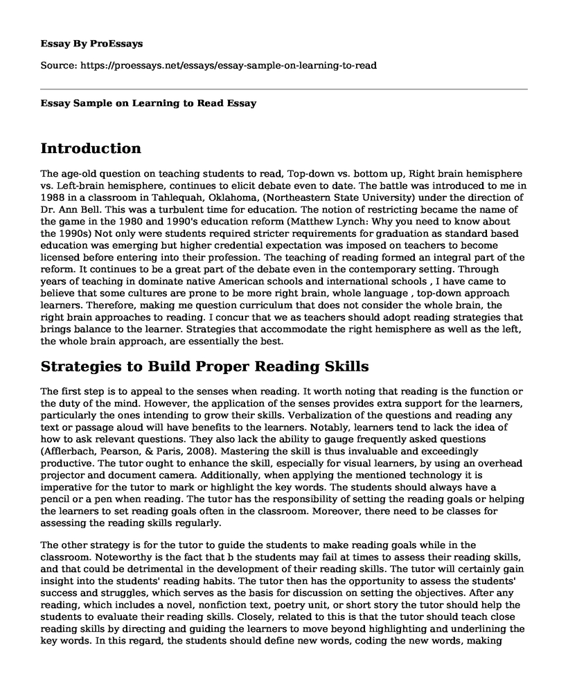 Essay Sample on Learning to Read