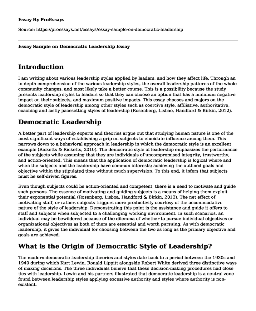 Essay Sample on Democratic Leadership