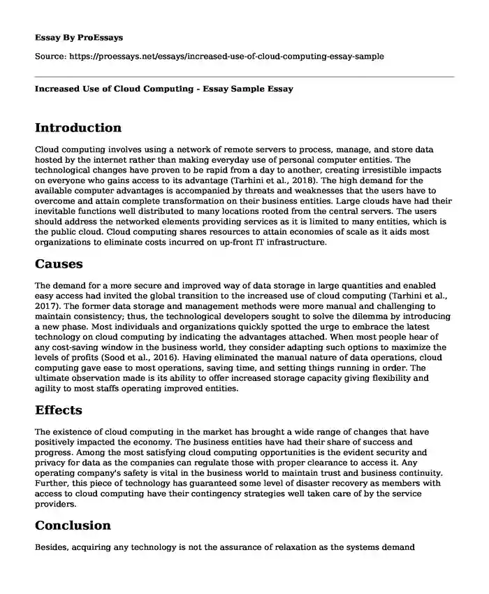 Increased Use of Cloud Computing - Essay Sample