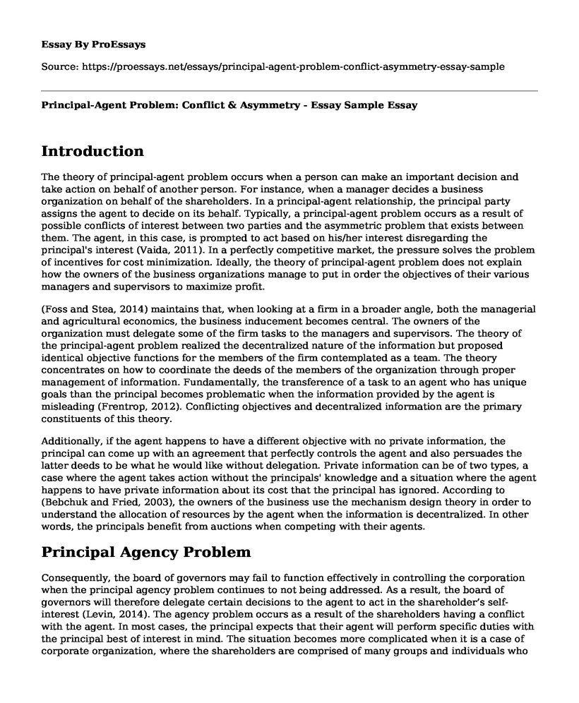 Principal-Agent Problem: Conflict & Asymmetry - Essay Sample