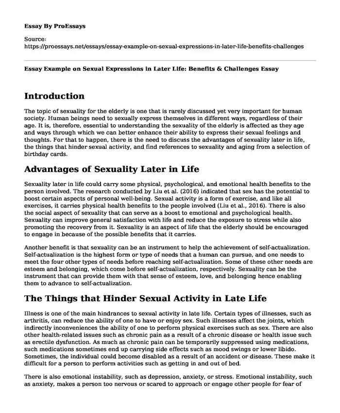 Essay Example on Sexual Expressions in Later Life: Benefits & Challenges