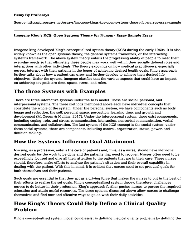 Imogene King's KCS: Open Systems Theory for Nurses - Essay Sample