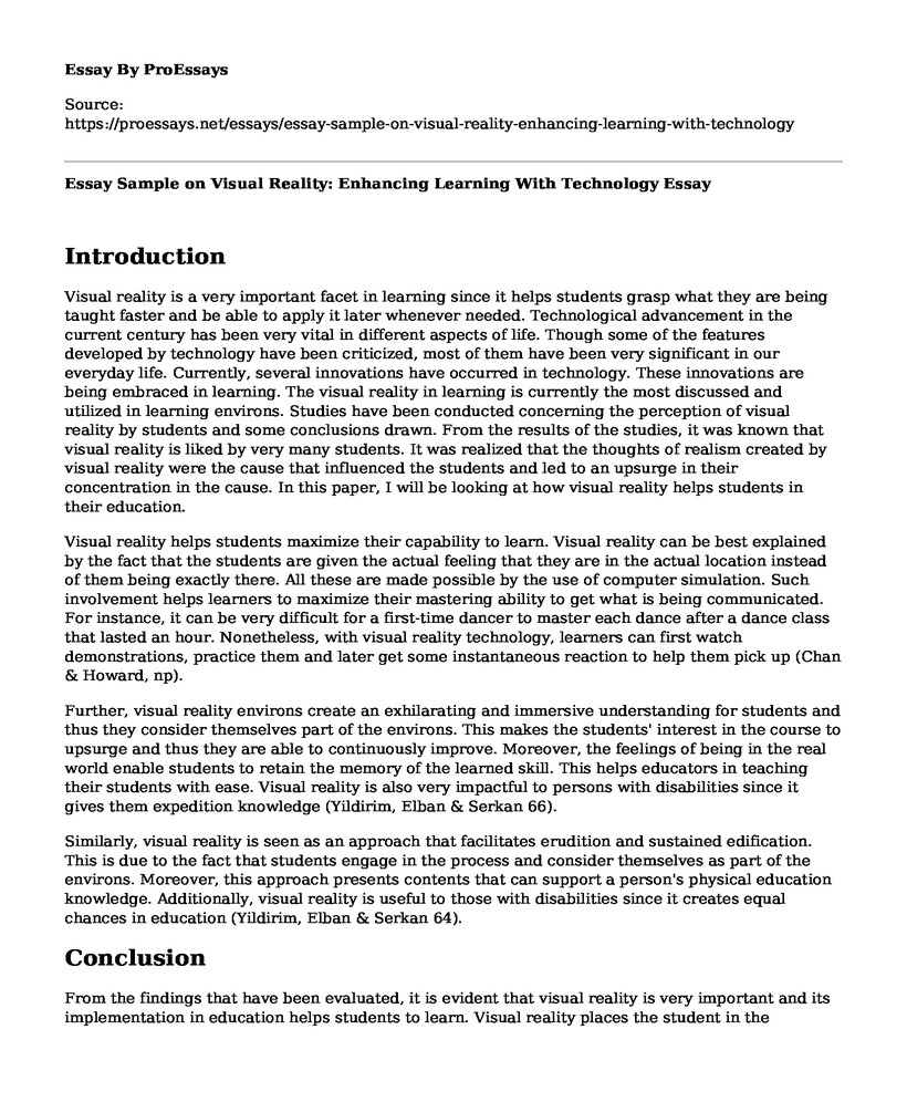 Essay Sample on Visual Reality: Enhancing Learning With Technology