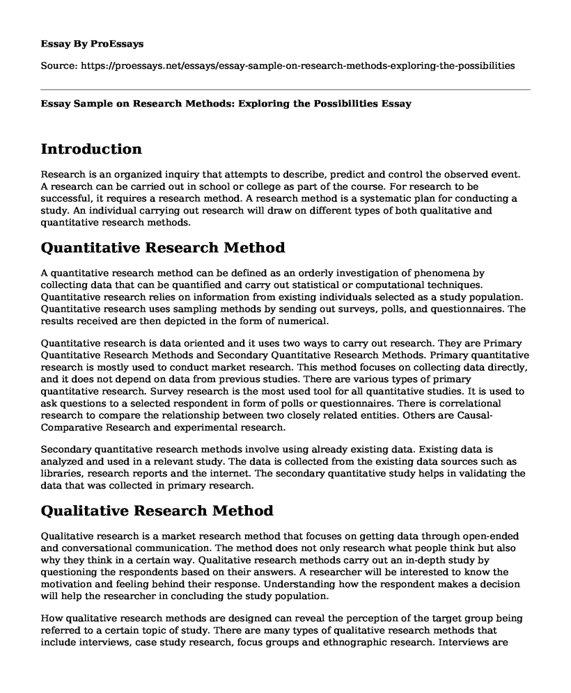 Essay Sample on Research Methods: Exploring the Possibilities