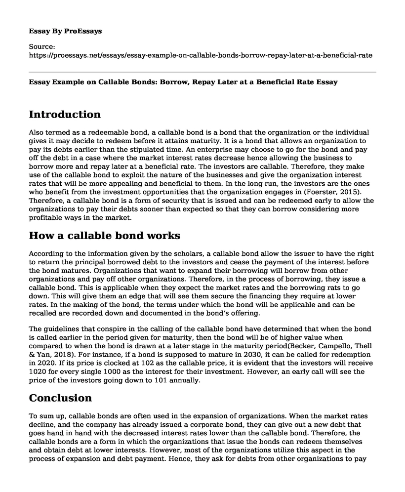 Essay Example on Callable Bonds: Borrow, Repay Later at a Beneficial Rate