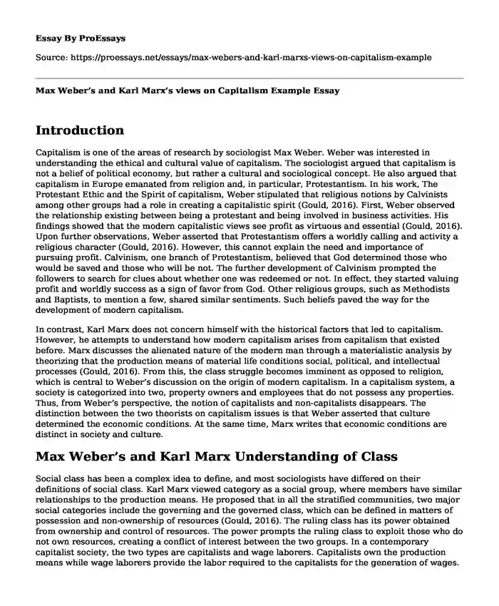 Max Weber's and Karl Marx's views on Capitalism Example