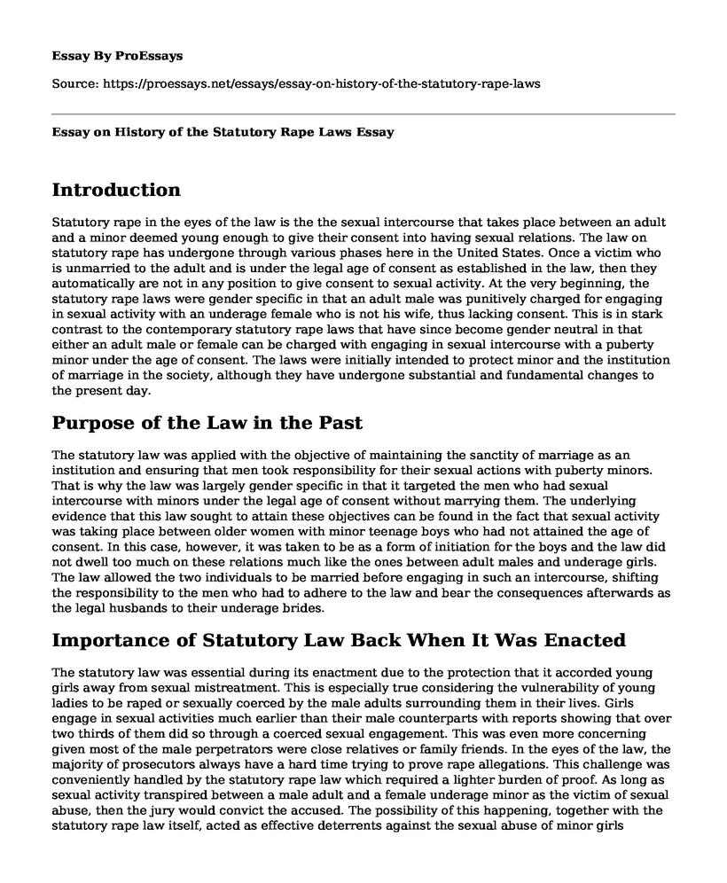 Essay on History of the Statutory Rape Laws