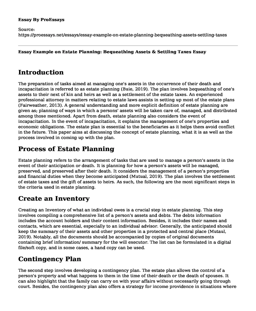 Essay Example on Estate Planning: Bequeathing Assets & Settling Taxes