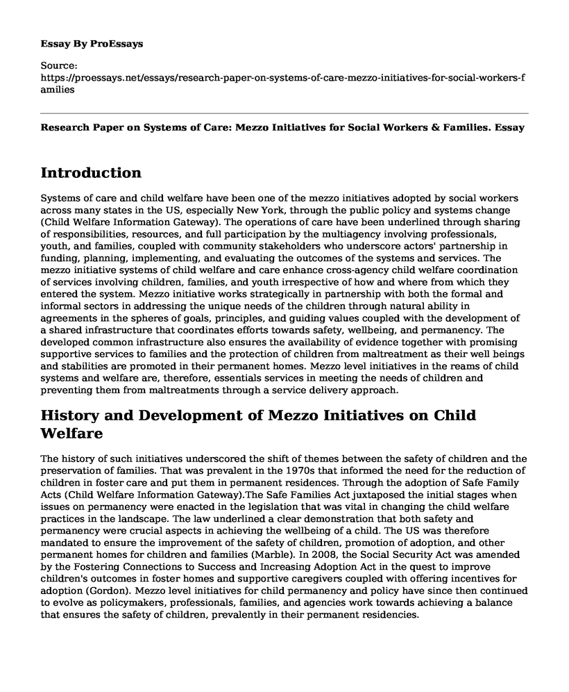 Research Paper on Systems of Care: Mezzo Initiatives for Social Workers & Families.