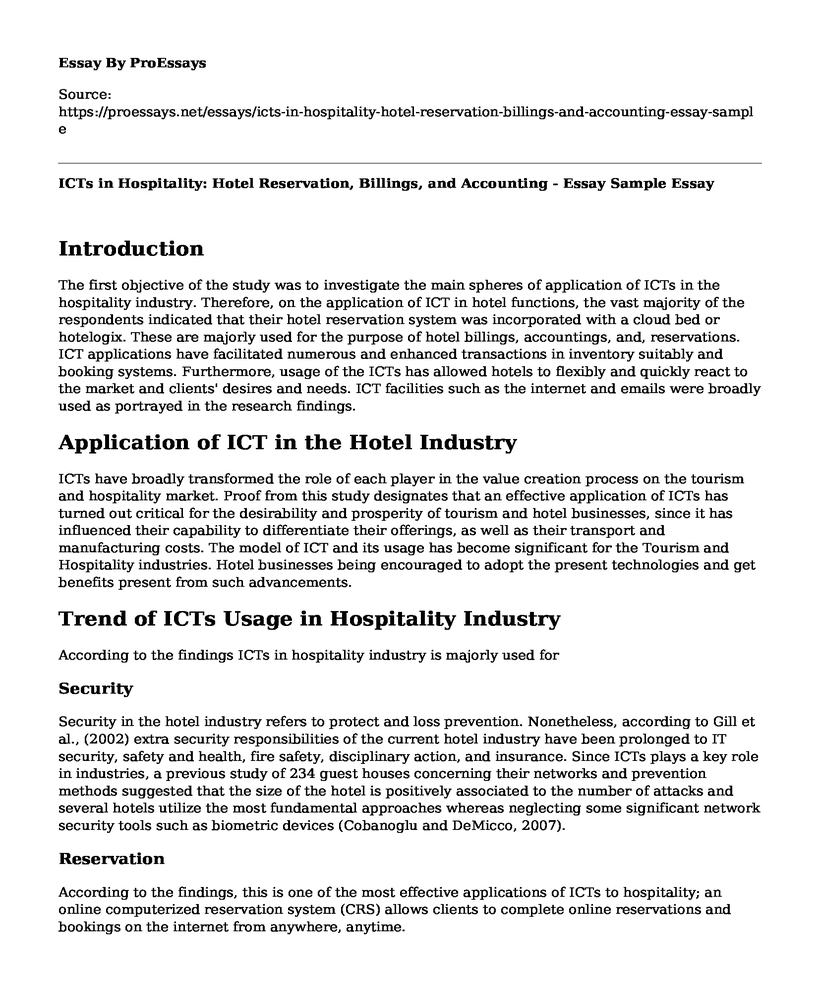 ICTs in Hospitality: Hotel Reservation, Billings, and Accounting - Essay Sample