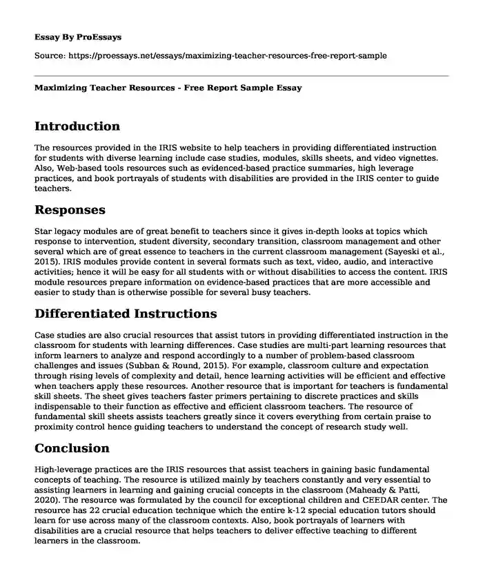 Maximizing Teacher Resources - Free Report Sample