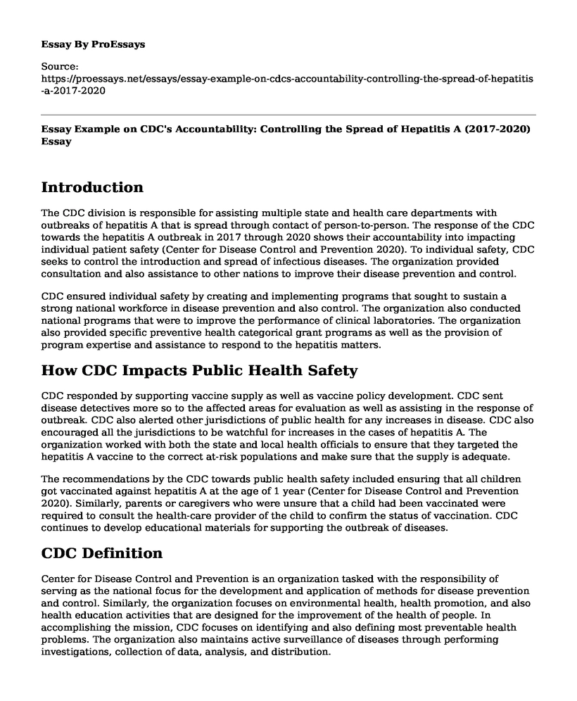 Essay Example on CDC's Accountability: Controlling the Spread of Hepatitis A (2017-2020)