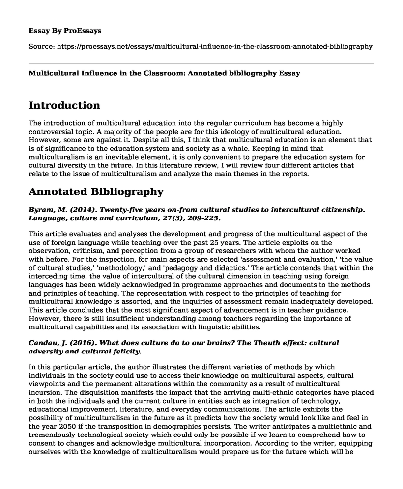 Multicultural Influence in the Classroom: Annotated bibliography