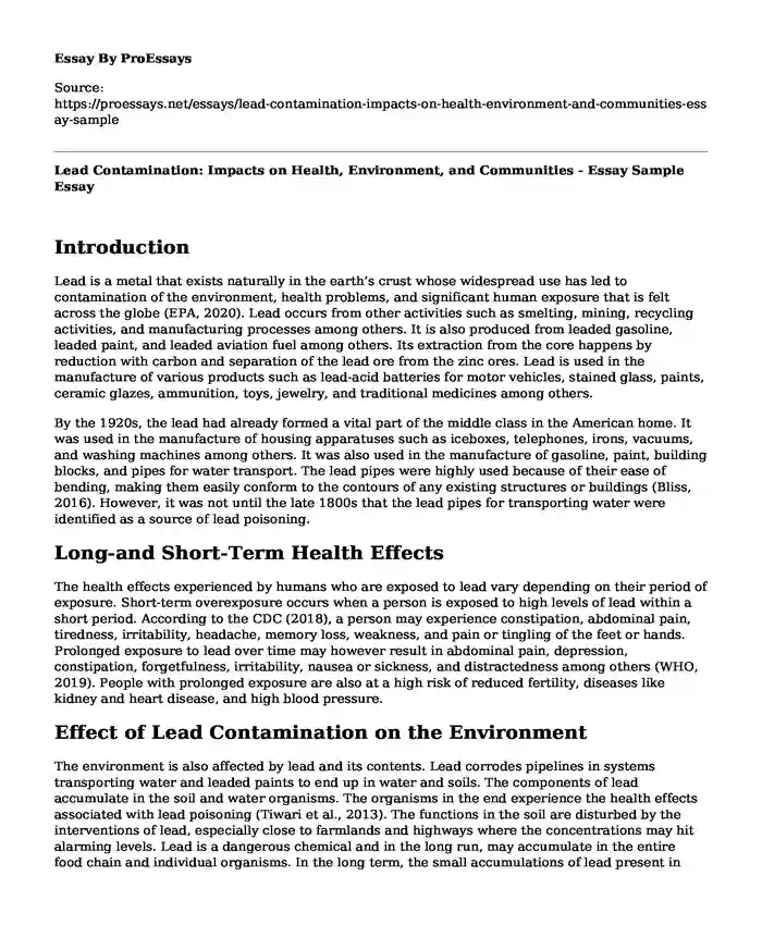 Lead Contamination: Impacts on Health, Environment, and Communities - Essay Sample