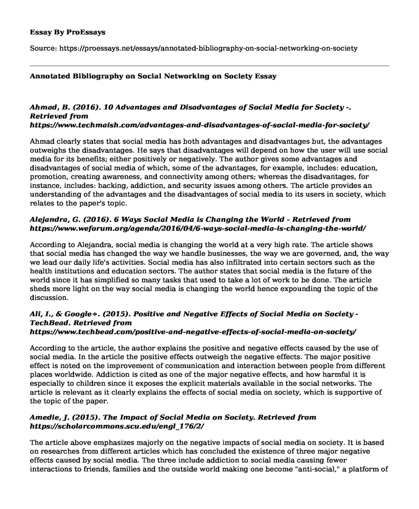 Annotated Bibliography on Social Networking on Society