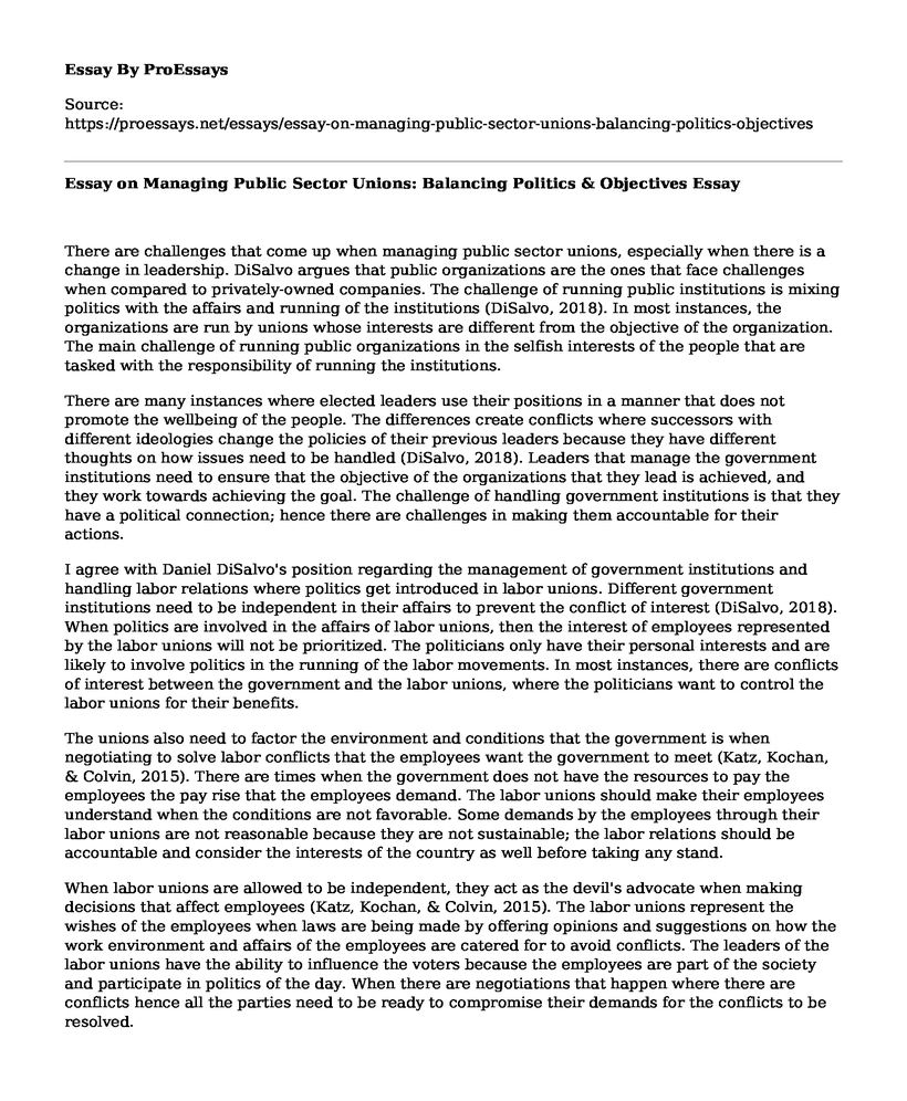 Essay on Managing Public Sector Unions: Balancing Politics & Objectives