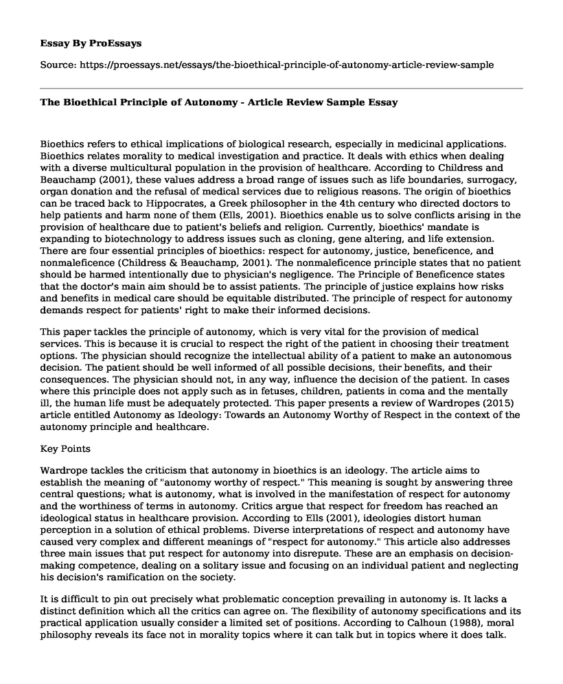 The Bioethical Principle of Autonomy - Article Review Sample