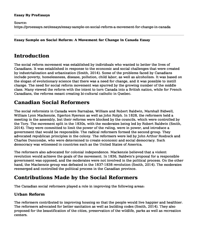 Essay Sample on Social Reform: A Movement for Change in Canada