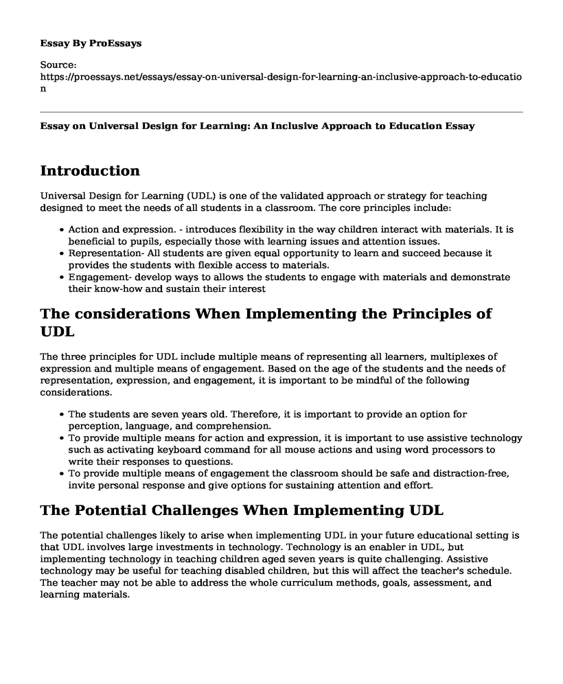 Essay on Universal Design for Learning: An Inclusive Approach to Education
