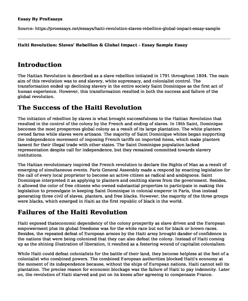 Haiti Revolution: Slaves' Rebellion & Global Impact - Essay Sample