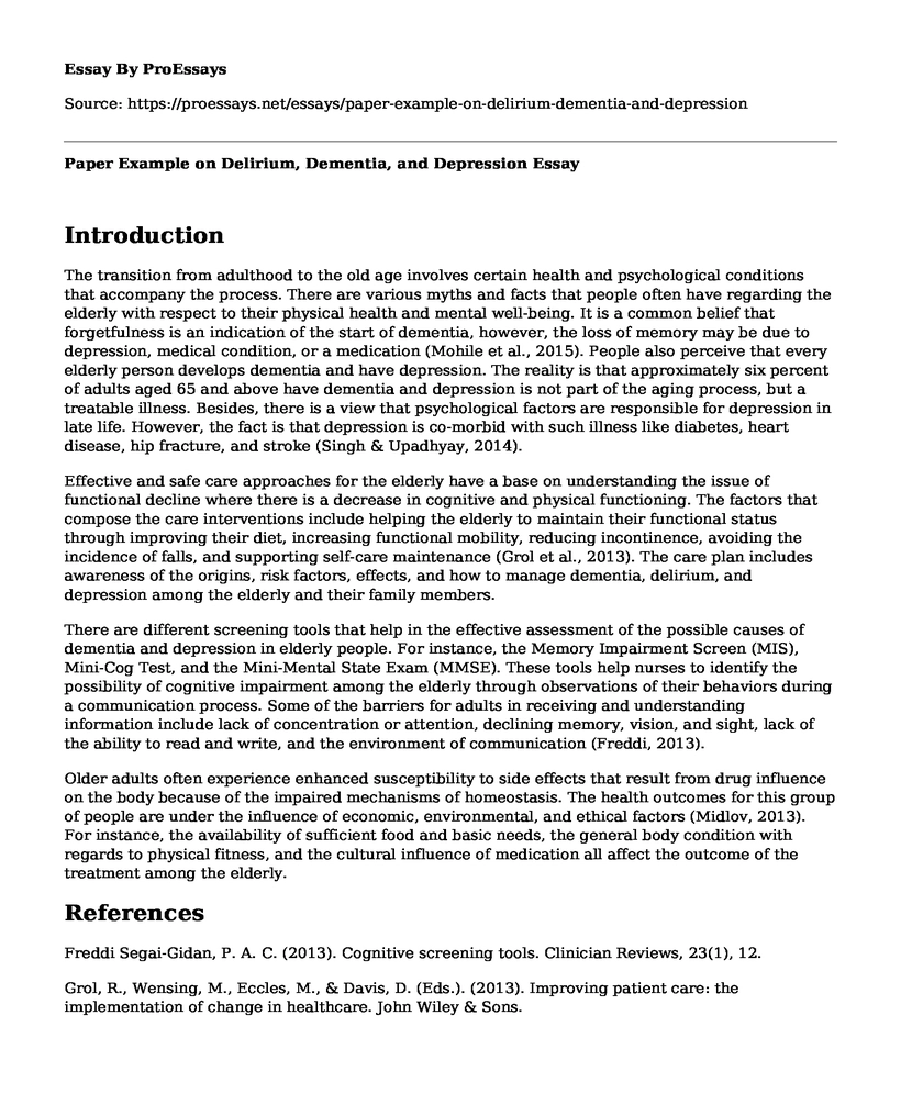 Paper Example on Delirium, Dementia, and Depression