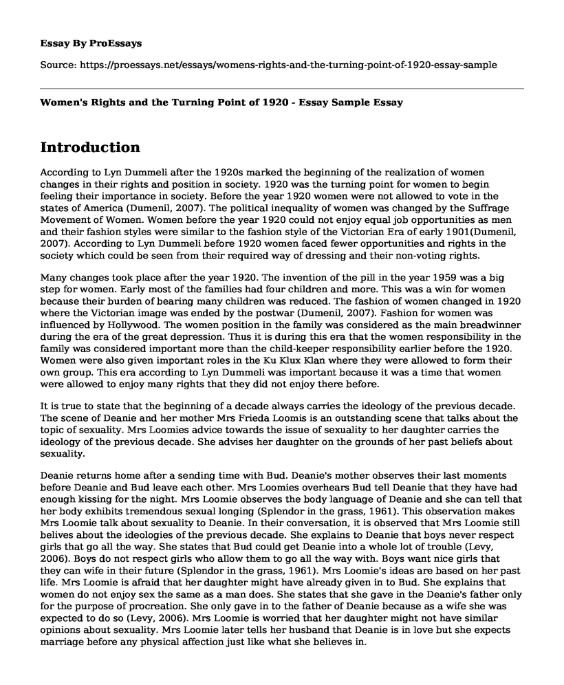 Women's Rights and the Turning Point of 1920 - Essay Sample