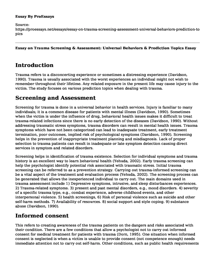Essay on Trauma Screening & Assessment: Universal Behaviors & Prediction Topics