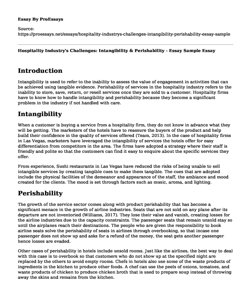 Hospitality Industry's Challenges: Intangibility & Perishability - Essay Sample