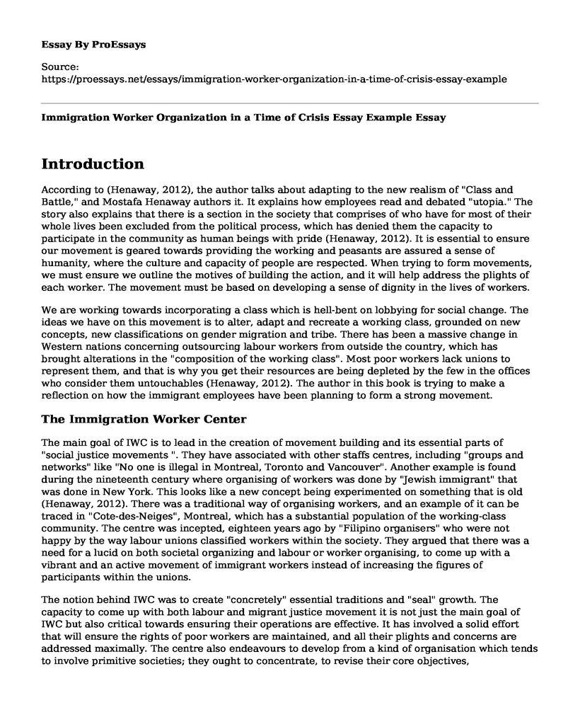 Immigration Worker Organization in a Time of Crisis Essay Example
