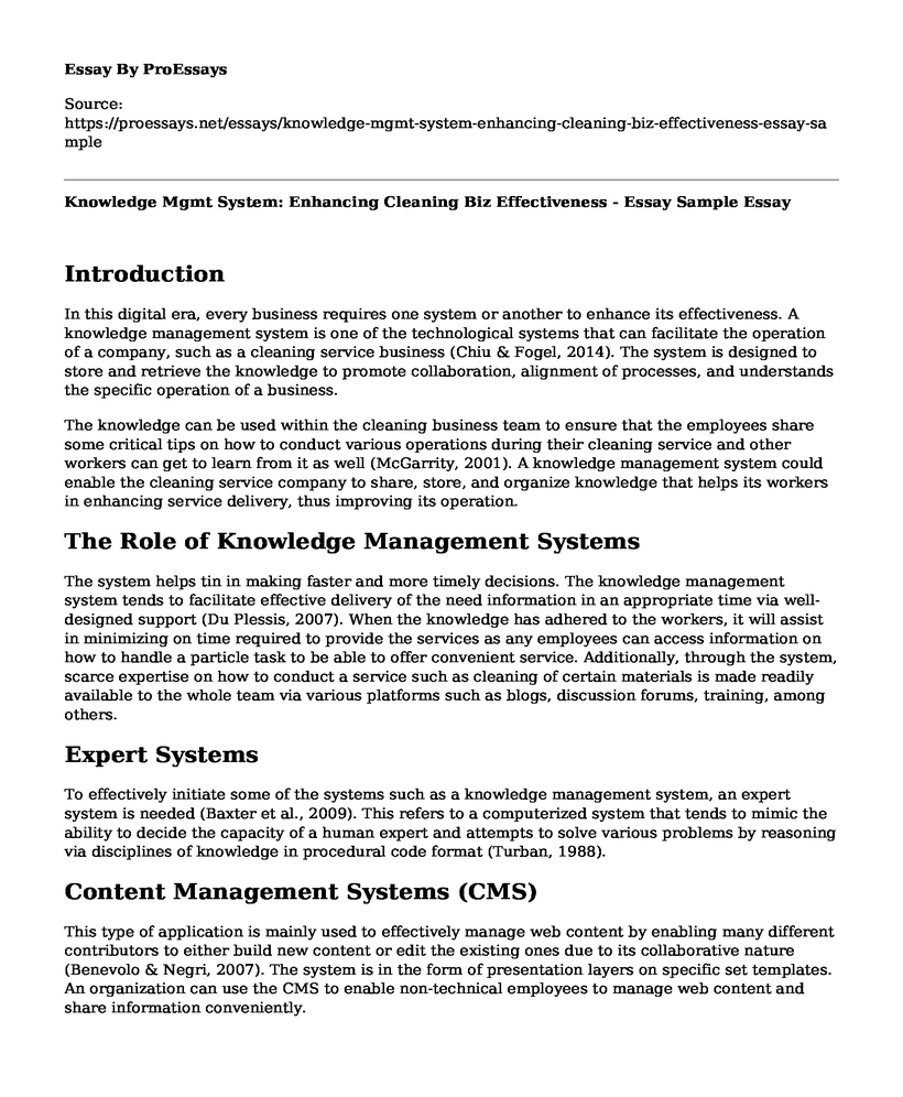 Knowledge Mgmt System: Enhancing Cleaning Biz Effectiveness - Essay Sample