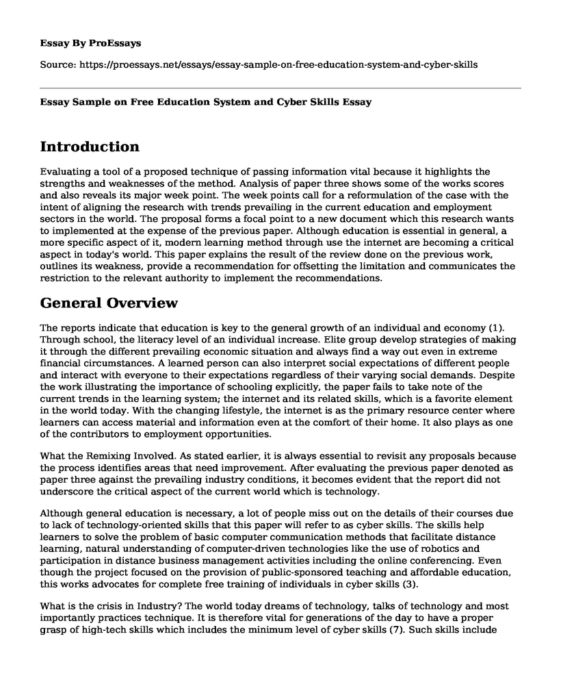 Essay Sample on Free Education System and Cyber Skills