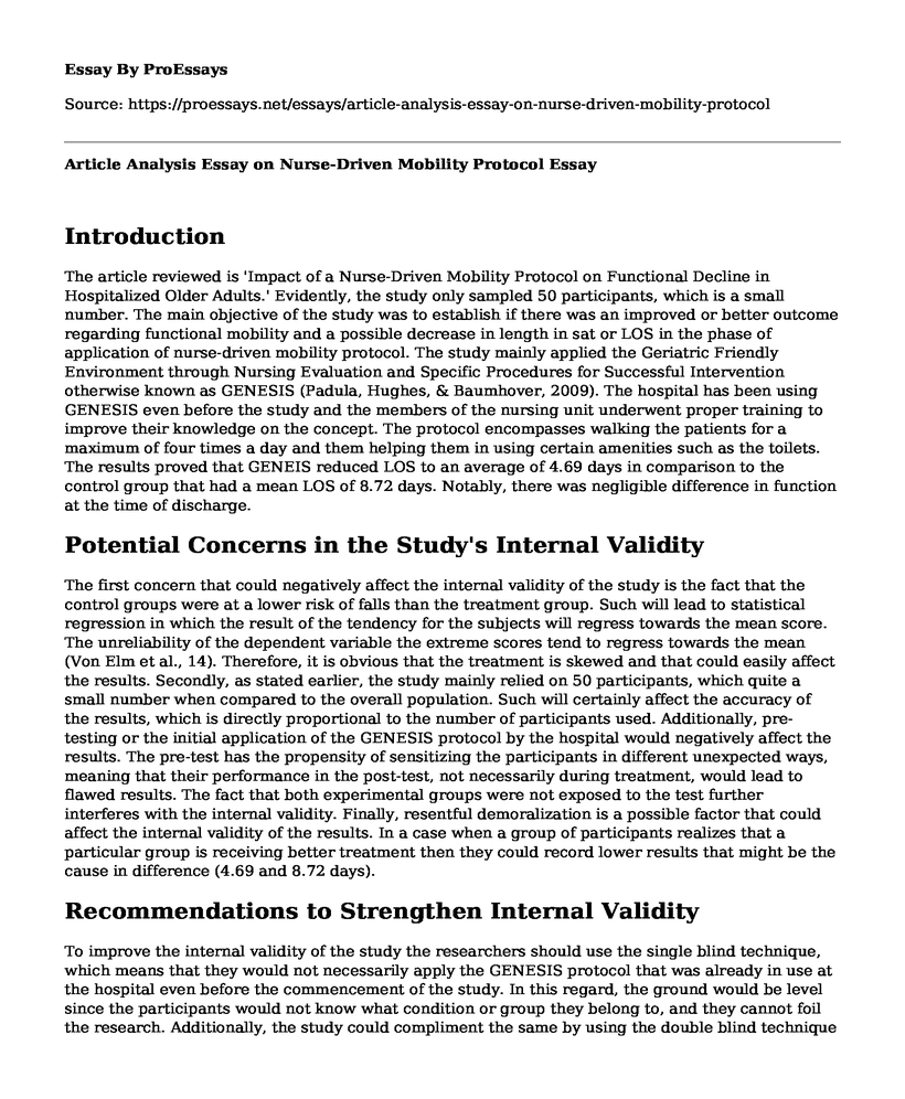 Article Analysis Essay on Nurse-Driven Mobility Protocol