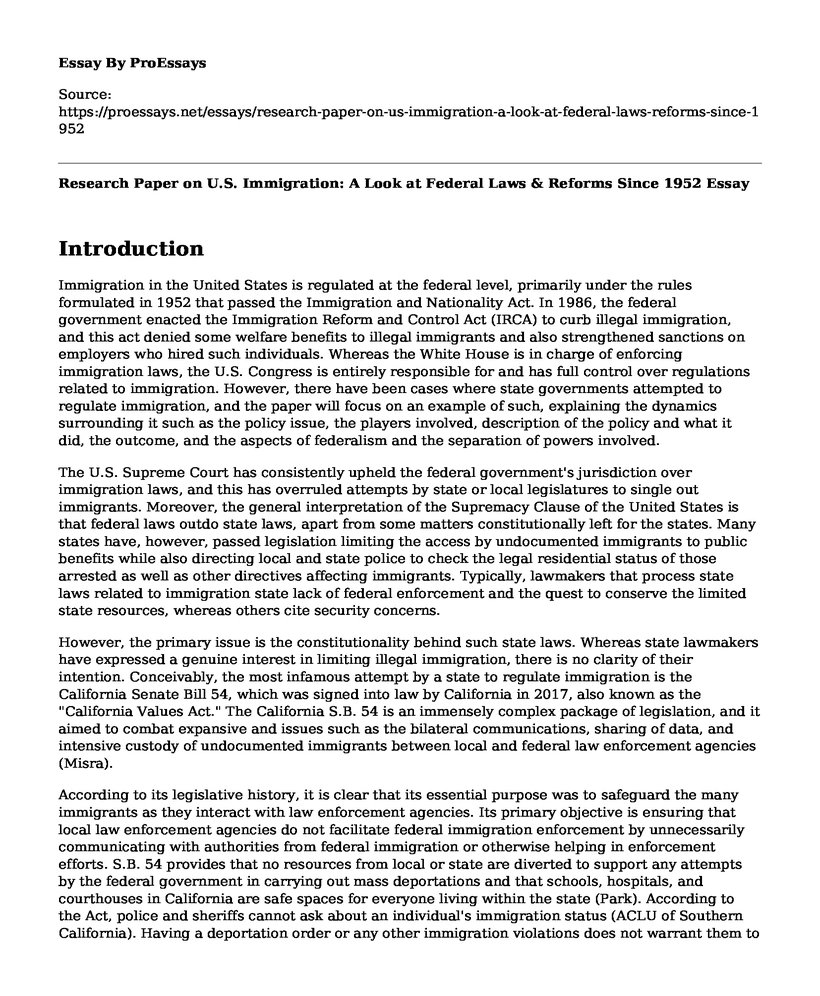 Research Paper on U.S. Immigration: A Look at Federal Laws & Reforms Since 1952