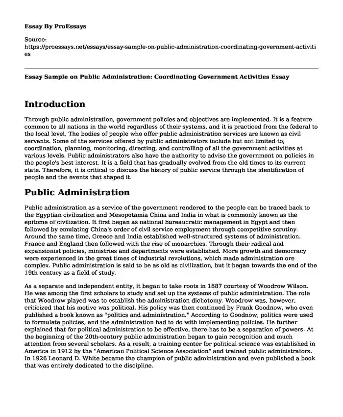 Essay Sample on Public Administration: Coordinating Government Activities