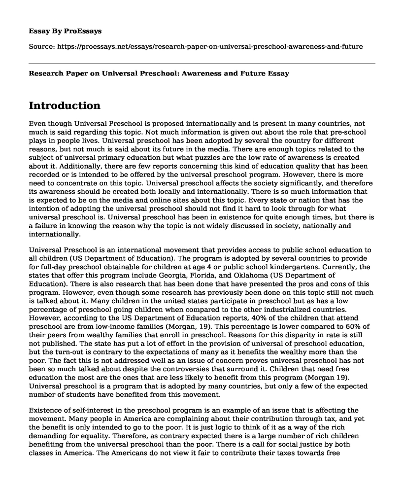 Research Paper on Universal Preschool: Awareness and Future